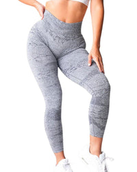 Digital seamless leggings with compressive waistband in grey texture.
