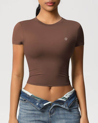 ORU BABY TEE cropped brown short sleeve top made of cotton and spandex for comfort and movement