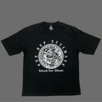 LIMITED ORU Drop Shoulder black cotton T-shirt with DTG print and double neckline stitching.