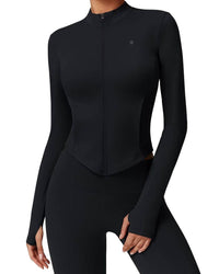 Black fleece zip stand collar yoga jacket with velvet lining and windproof fabric