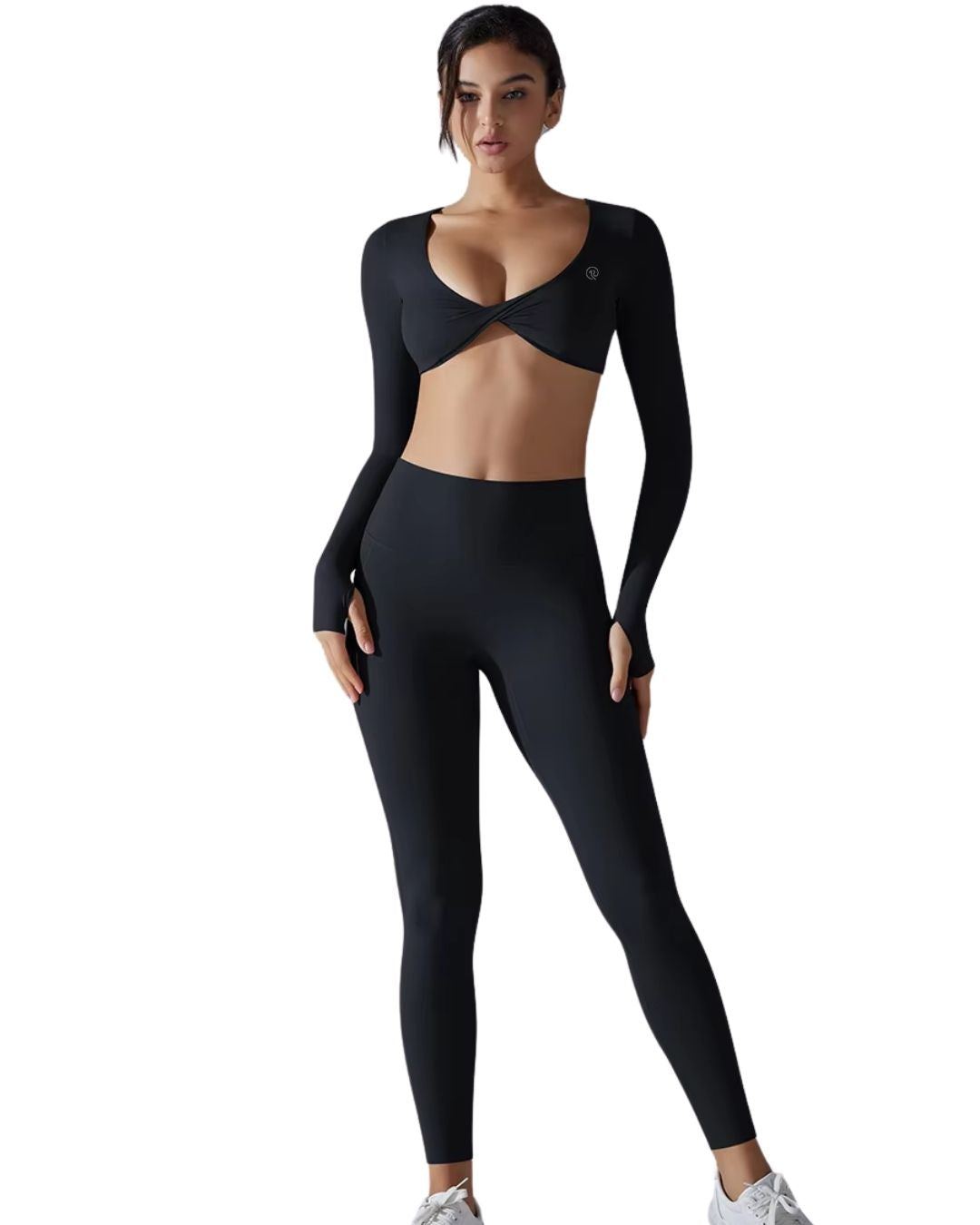 Woman wearing black ORU Everyday Leggings with high-waist, seamless, breathable, and stretchy gym wear.