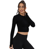 Black ORU cropped long sleeve top with crew neck and thumb hole cuffs, slim fit for running and training