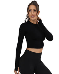 Black ORU cropped long sleeve top with crew neck and thumb hole cuffs, slim fit for running and training