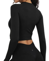 Black ORU cropped long sleeve top with slim fit and thumb hole cuffs for running and training