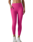 Women wearing pink high-waisted oru soft pocket leggings with side pocket and compressive waistband