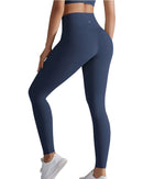 Rear view of person wearing navy blue ORU Everyday Leggings with high-waist compression band and seamless design.