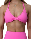 Twist Front Cross Back Sports Bra in nylon blend with quick-dry and 4-way stretch features
